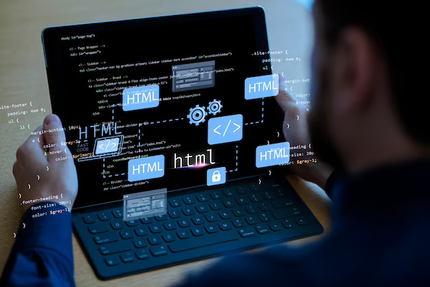 A man sits at a laptop, program code is in the foreground